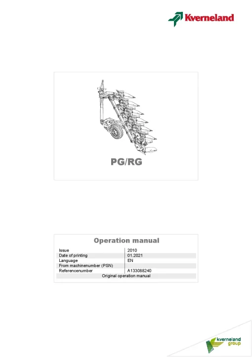 Kverneland PG -RG Ploughs Reversible Semi-mounted 2021 Operation Maintenance Manual PDF download