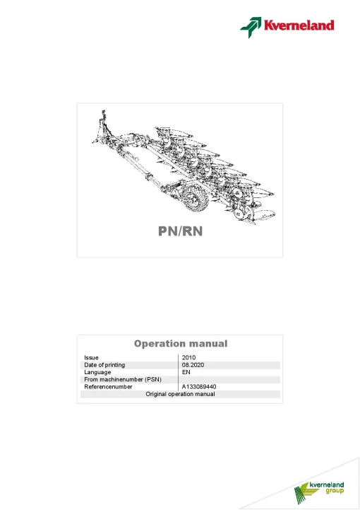 Kverneland PN- RN Ploughs Reversible Semi-mounted 2010 Operation Maintenance Manual PDF download