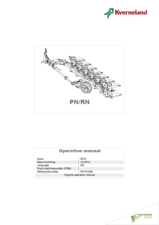 Kverneland PN- RN Ploughs Reversible Semi-mounted 2013 Operation Maintenance Manual PDF download