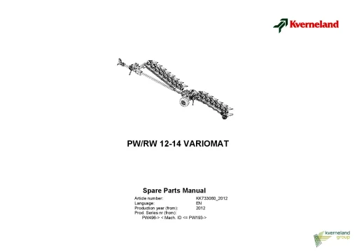 Kverneland PW -RW 12-14 Variomat Ploughs Reversible Semi-mounted 2012 Sn 496-193 Parts Manual Catalog Pdf Download