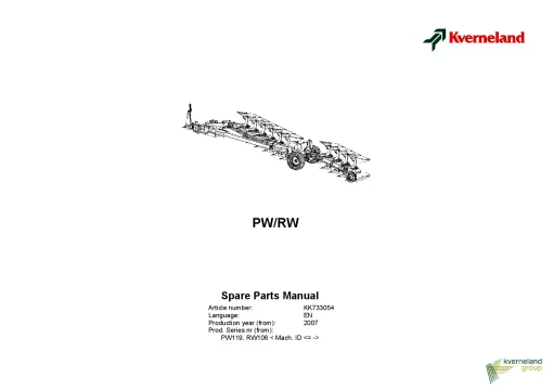 Kverneland PW -RW Ploughs Reversible Semi-mounted 2007 Sn 119 -116 Parts Manual Catalog Pdf Download