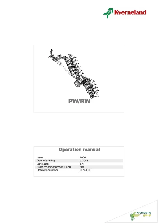 Kverneland PW -RW Ploughs Reversible Semi-mounted 2008 Operation Maintenance Manual PDF download
