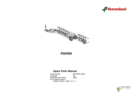 Kverneland PW -RW Ploughs Reversible Semi-mounted 2008 Sn PW268 RW137 Parts Manual Catalog Pdf Download