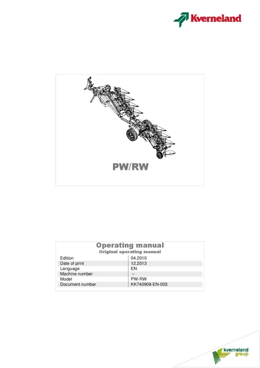 Kverneland PW -RW Ploughs Reversible Semi-mounted 2010 Operation Maintenance Manual PDF download