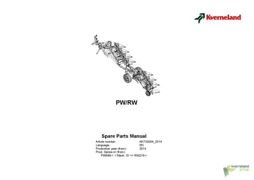 Kverneland PW -RW Ploughs Reversible Semi-mounted 2014 SN PW596 -RW216 Parts Manual Catalog Pdf Download