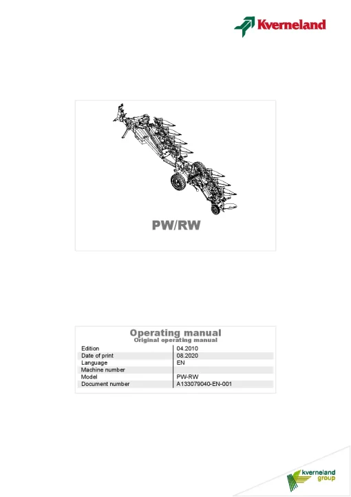 Kverneland PW -RW Ploughs Reversible Semi-mounted 2020 Operation Maintenance Manual PDF download