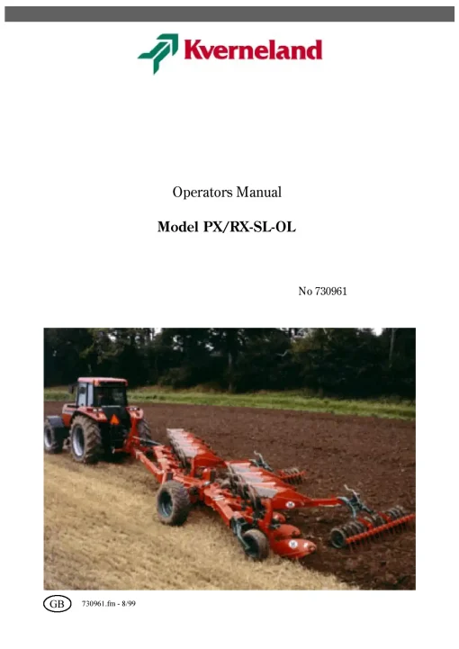Kverneland PX -RX SL OL Variomat Ploughs Reversible Semi-mounted 1999 Operation Maintenance Manual PDF download