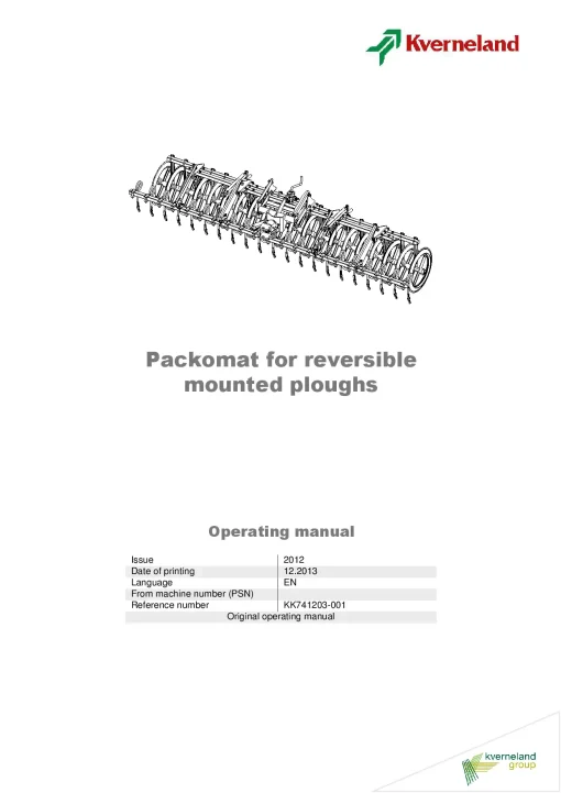Kverneland Packomat C S Semi Mounted Ploughs 2013-2014 Operation Maintenance Manual PDF download