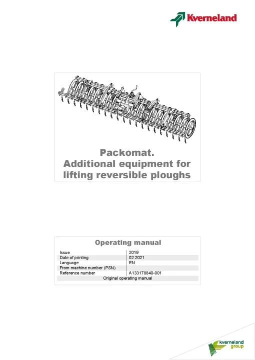 Kverneland Packomat Mounted Ploughs 2019 Operation Maintenance Manual PDF download