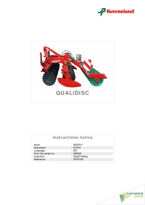 Kverneland QUALIDISC Harrow Compact 2010 Operation Maintenance Manual PDF download