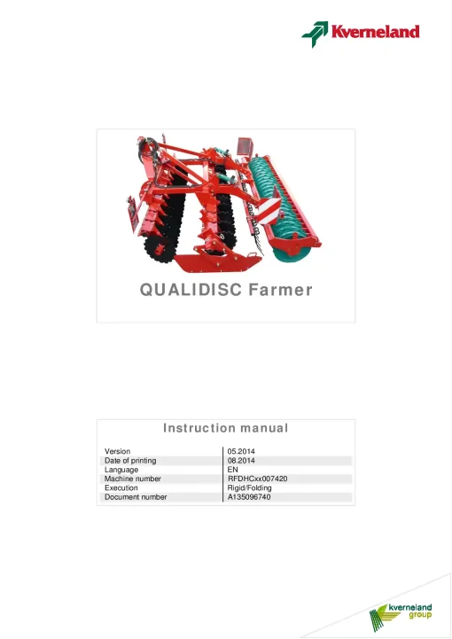 Kverneland Qualidisc Farmer Disc Harrow Compact 2014 Operation Maintenance Manual PDF download