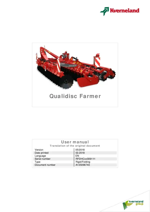 Kverneland Qualidisc Farmer Disc Harrow Compact 2018 Operation Maintenance Manual PDF download