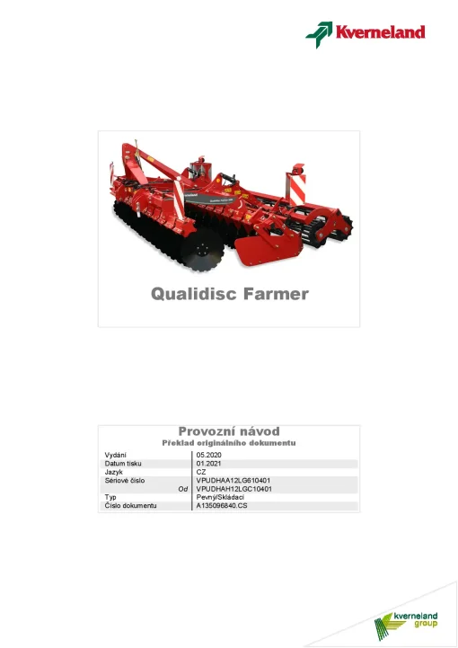 Kverneland Qualidisc Farmer Disc Harrow Compact 2021 Operation Maintenance Manual PDF download