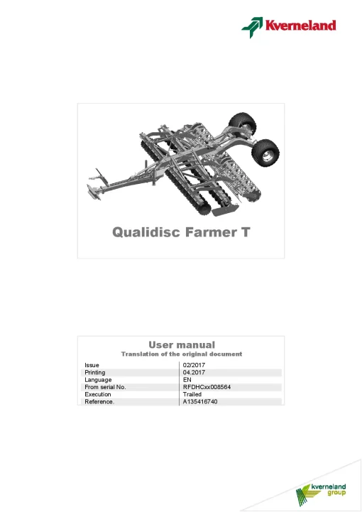 Kverneland Qualidisc Farmer T Disc Harrow Compact 2017 Operation Maintenance Manual PDF download