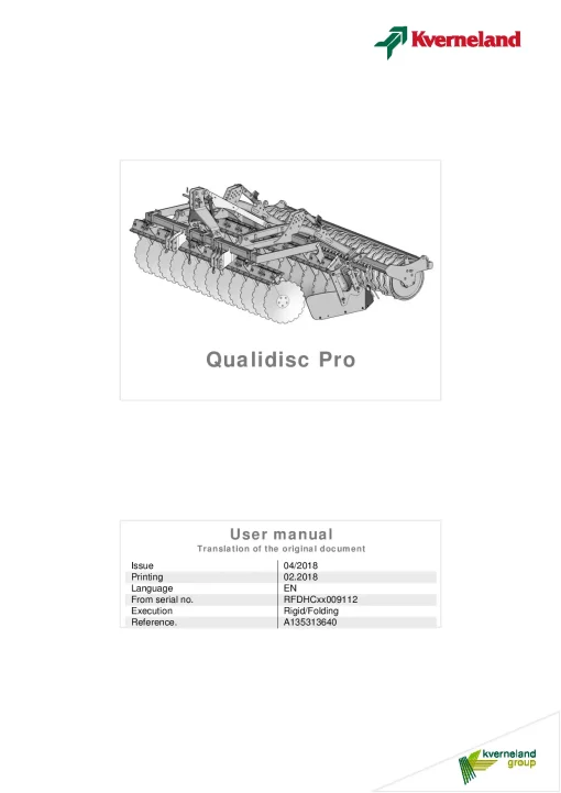 Kverneland Qualidisc Pro Disc Harrow Compact 2018 Operation Maintenance Manual PDF download