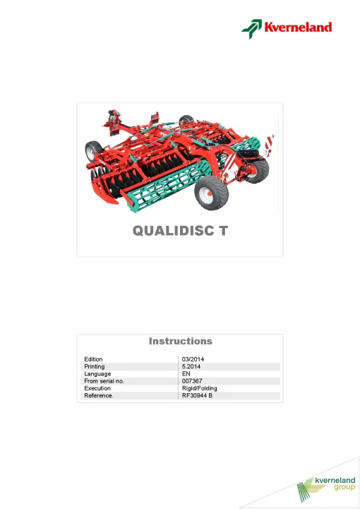 Kverneland Qualidisc T Disc Harrow Compact 2014 Operation Maintenance Manual PDF download