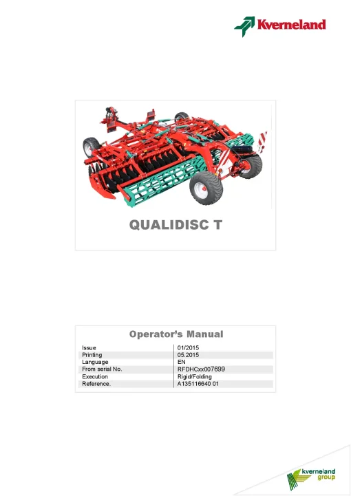 Kverneland Qualidisc T Disc Harrow Compact 2015 North America Operation Maintenance Manual PDF download