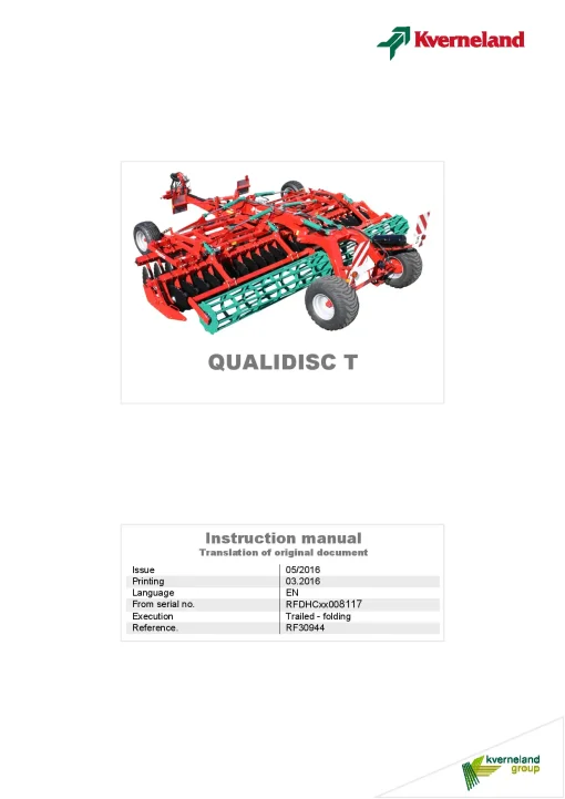 Kverneland Qualidisc T Disc Harrow Compact 2016 Operation Maintenance Manual PDF download