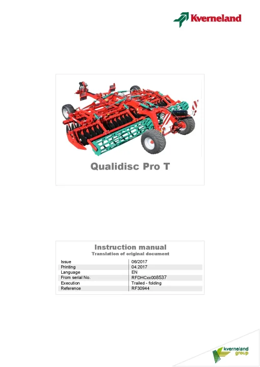 Kverneland Qualidisc T Pro Disc Harrow Compact 2017 Operation Maintenance Manual PDF download
