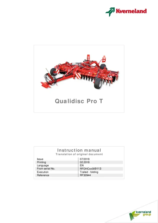 Kverneland Qualidisc T Pro Disc Harrow Compact 2018 Operation Maintenance Manual PDF download