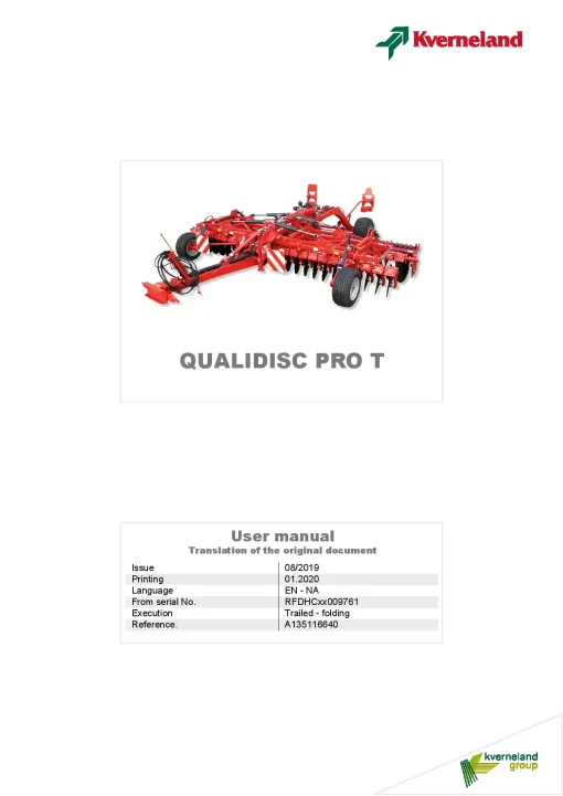 Kverneland Qualidisc T Pro Disc Harrow Compact 2020 North America Operation Maintenance Manual PDF download