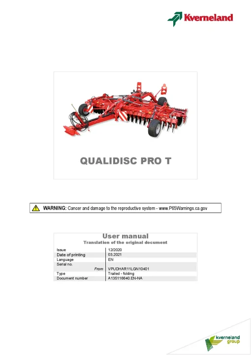 Kverneland Qualidisc T Pro Disc Harrow Compact 2021 North America Operation Maintenance Manual PDF download