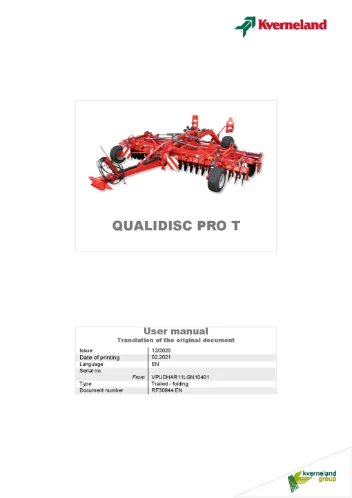Kverneland Qualidisc T Pro Disc Harrow Compact 2021 Operation Maintenance Manual PDF download