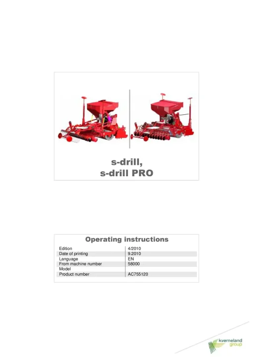 Kverneland S drill -PRO seed Drill 2010 Operation Maintenance Manual PDF download