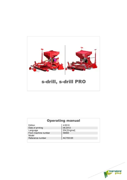 Kverneland S drill -PRO seed Drill 2012 Operation Maintenance Manual PDF download