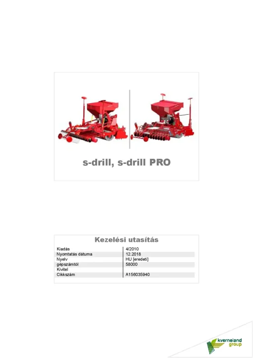 Kverneland S drill -PRO seed Drill 2018 Operation Maintenance Manual PDF download