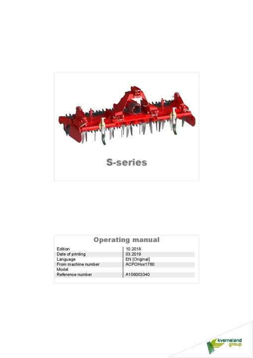 Kverneland S series Power Harows 2018 Operation Maintenance Manual PDF download