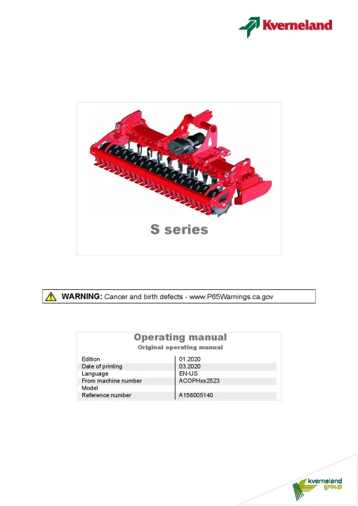 Kverneland S series Power Harows 2020 North America Operation Maintenance Manual PDF download