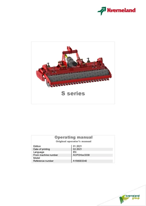 Kverneland S series Power Harows 2021 Operation Maintenance Manual PDF download