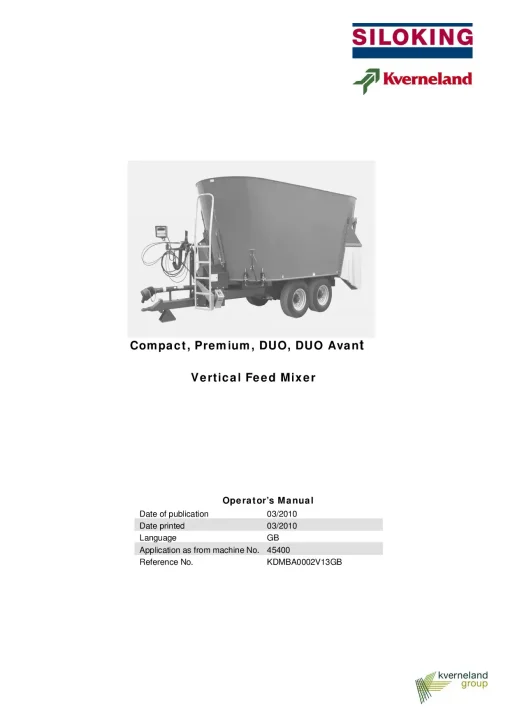 Kverneland Siloking Compact Premium DOU DOU Avnat Vertical Feed Mixer 2010 Operation Maintenance Manual PDF download
