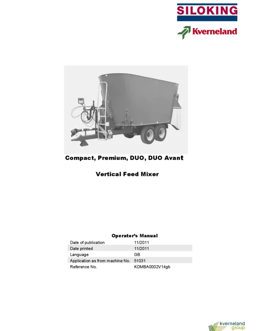 Kverneland Siloking Compact Premium DOU DOU Avnat Vertical Feed Mixer 2011 Operation Maintenance Manual PDF download