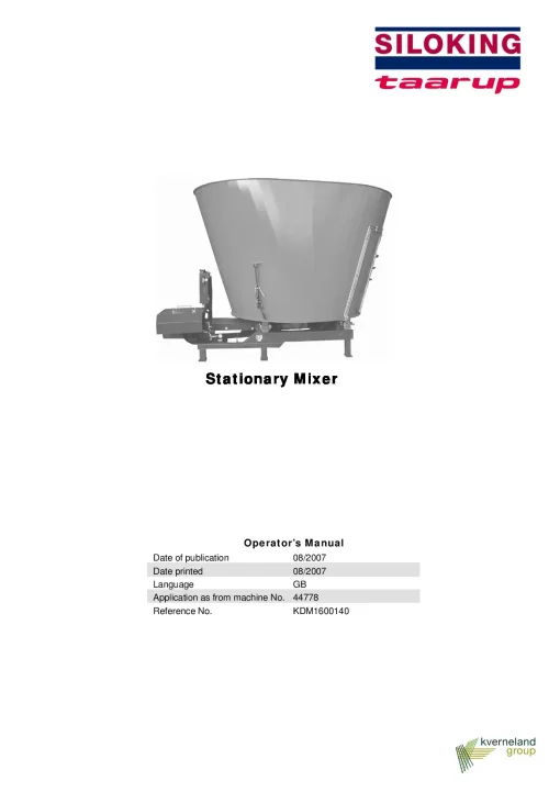 Kverneland Siloking Stationary Mixer Diet feeders 2007 Operation Maintenance Manual PDF download