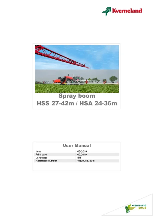 Kverneland Spray boom HSS 27-42m HSA 24-36m 2018 Operation Maintenance Manual PDF download