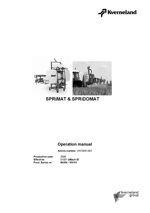 Kverneland Spridomat Sprimat Sprayers Mounted 2008 Operation Maintenance Manual PDF download