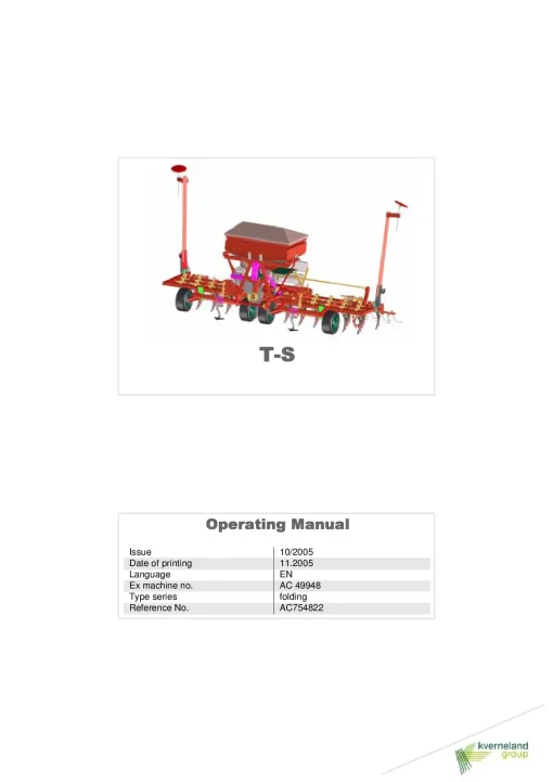 Kverneland T-S Seeding combination Integrated 2005 Operation Maintenance Manual PDF download