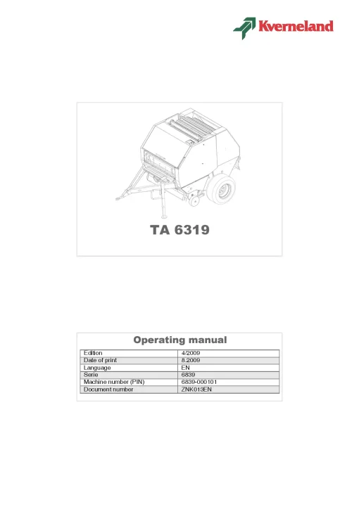 Kverneland TA 6319 Balers Round 2009 Operation Maintenance Manual PDF download