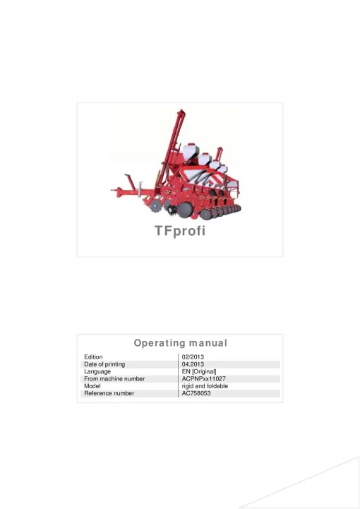 Kverneland TF Profi Precision drills Pneumatic 2013 Operation Maintenance Manual PDF download