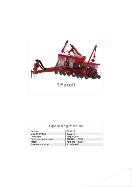 Kverneland TF Profi Precision drills Pneumatic 2016 Operation Maintenance Manual PDF download