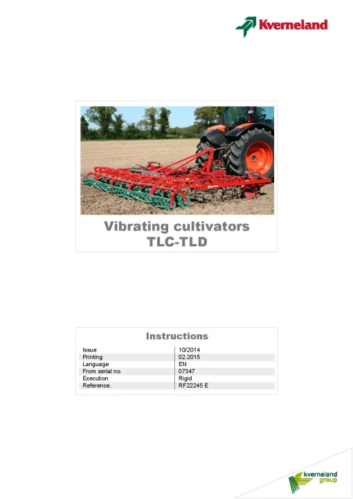 Kverneland TLC TLD Cultivators Vibrating tine 2014 Operation Maintenance Manual PDF download