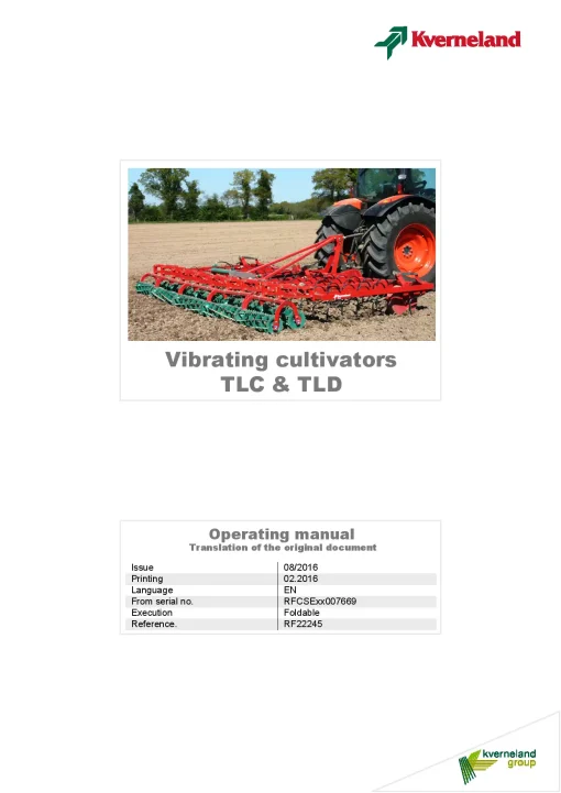 Kverneland TLC TLD Cultivators Vibrating tine 2016 Operation Maintenance Manual PDF download