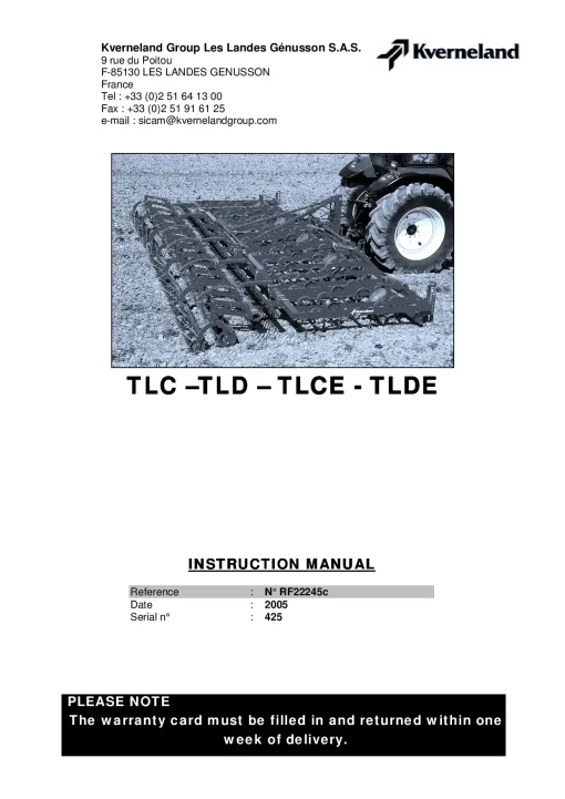 Kverneland TLC(E) TLD(E) Cultivators Vibrating tine 2005 Operation Maintenance Manual PDF download