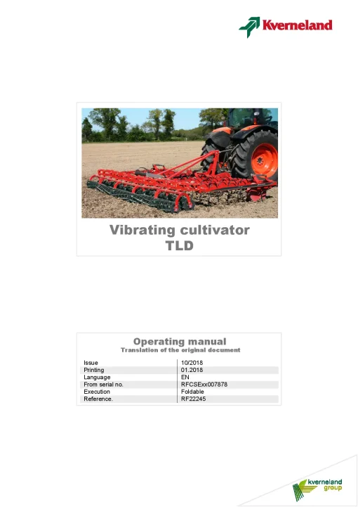 Kverneland TLD Cultivators Vibrating tine 2018 Operation Maintenance Manual PDF download