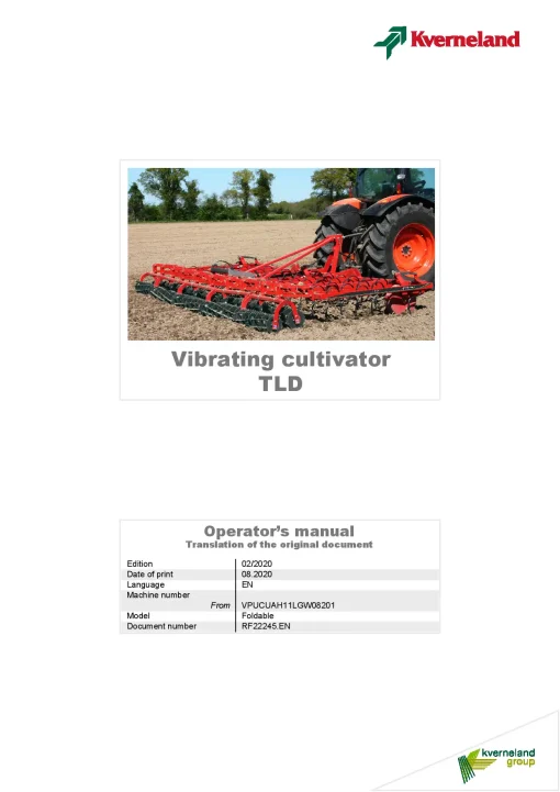 Kverneland TLD Cultivators Vibrating tine 2020 Operation Maintenance Manual PDF download
