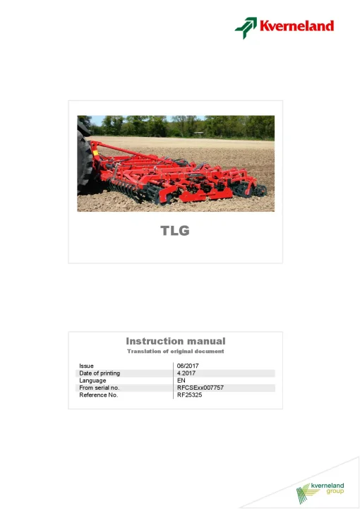 Kverneland TLG Cultivators seedbed 2017 Operation Maintenance Manual PDF download