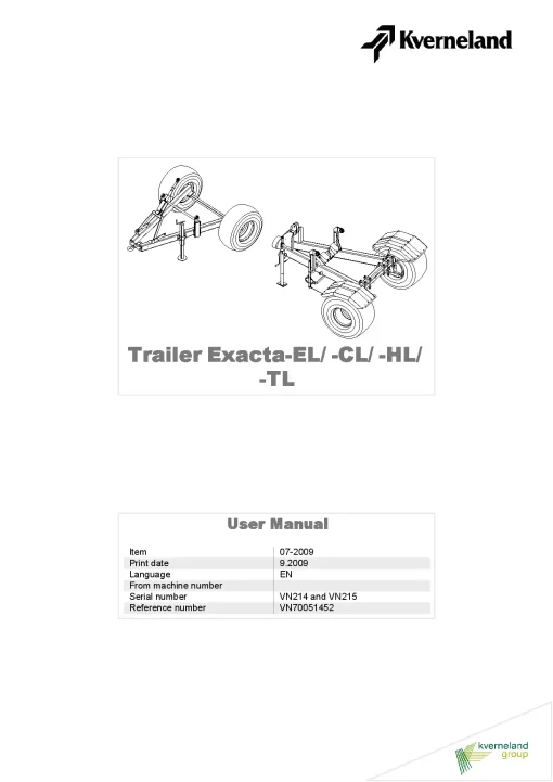 Kverneland Trailer EXacta -EL CL HL TL Accessories Fertiliser spreaders 2009 Operation Maintenance Manual PDF download