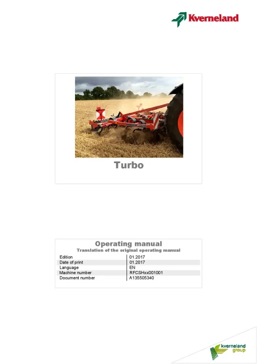 Kverneland Turbo Cultivators shallow 2017 Operation Maintenance Manual PDF download
